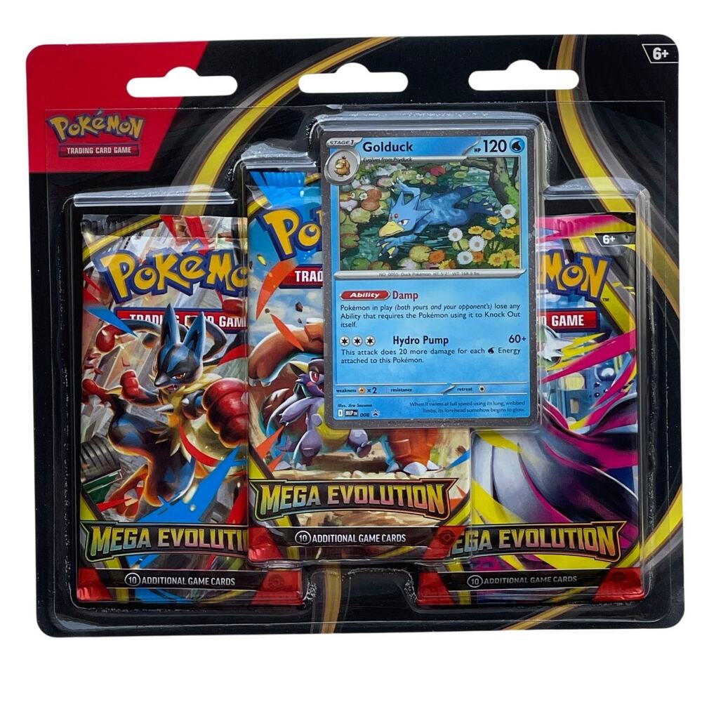 New Pokémon TCG Mega Evolution 3 Pack Booster Blister Bundle with Golduck Promo